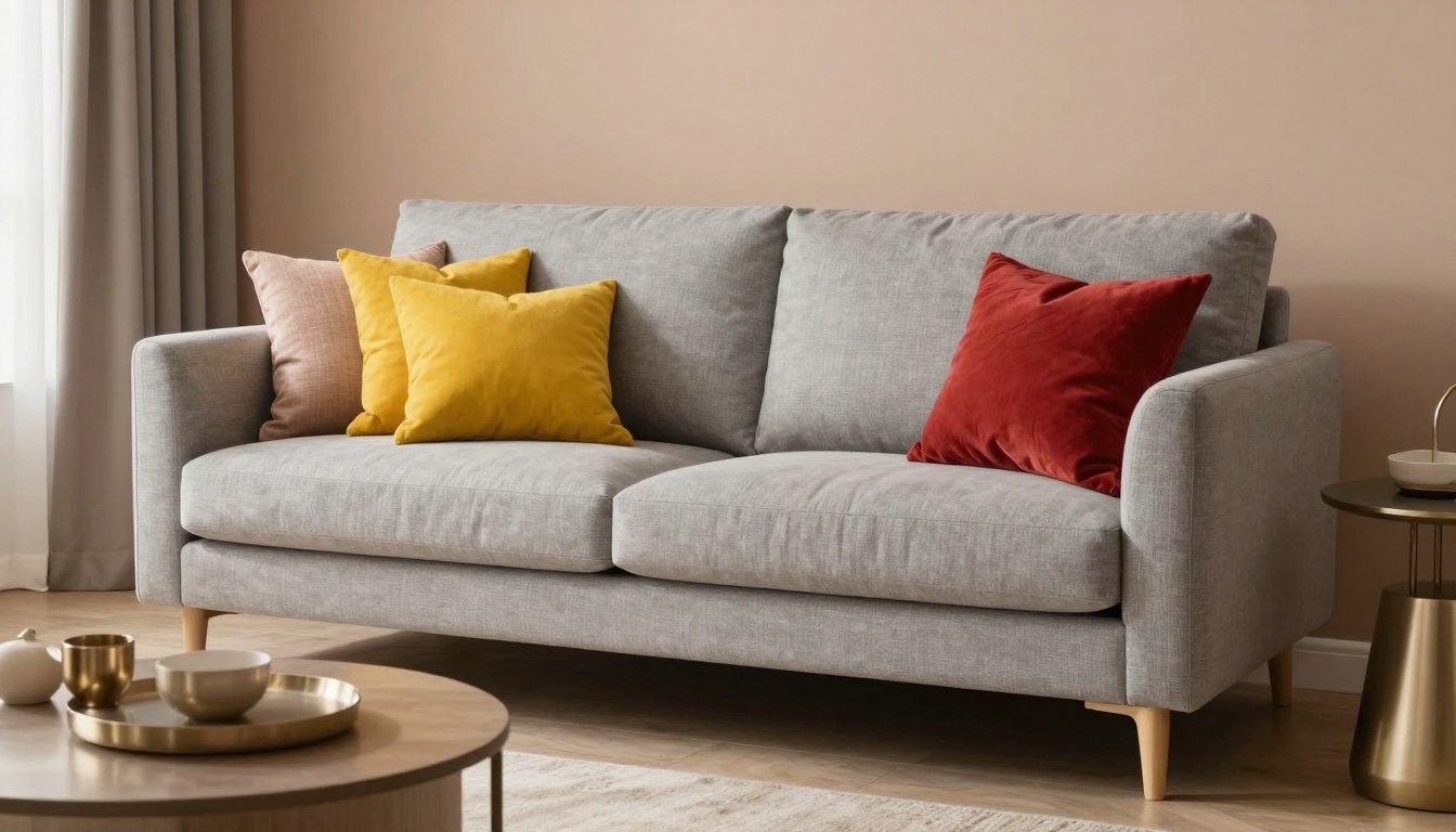 Γκρι καναπές με έντονα χρώματα και ζεστές υφές σε κομψό καθιστικό.