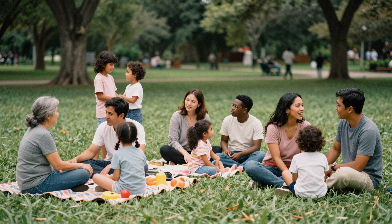 Από τις σπηλιές ως το σήμερα: πώς άλλαξε η ηλικία που γινόμαστε γονείς 2 Διάφορες οικογένειες παίζουν σε ένα πάρκο