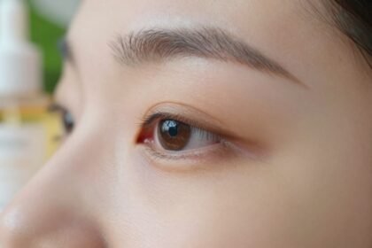 Φωτογραφία ματιού με φροντίδα και προϊόντα περιποίησης κάτω από φυσικό φως.