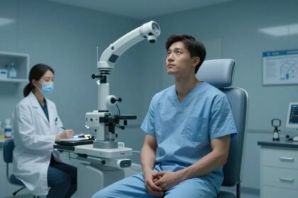 Εικόνα που συμβολίζει την ανδρική υπογονιμότητα και την επιστημονική πρόοδο σε κλινικό περιβάλλον.