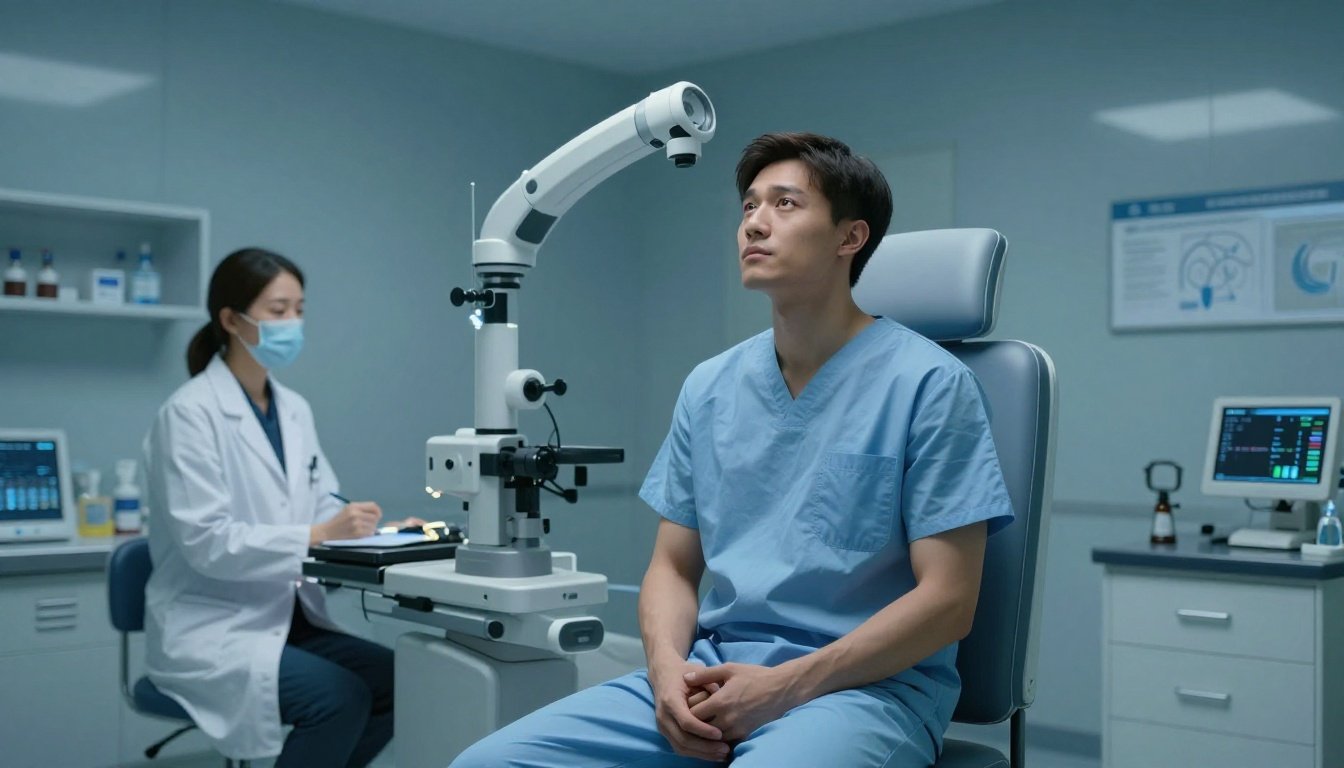 Εικόνα που συμβολίζει την ανδρική υπογονιμότητα και την επιστημονική πρόοδο σε κλινικό περιβάλλον.