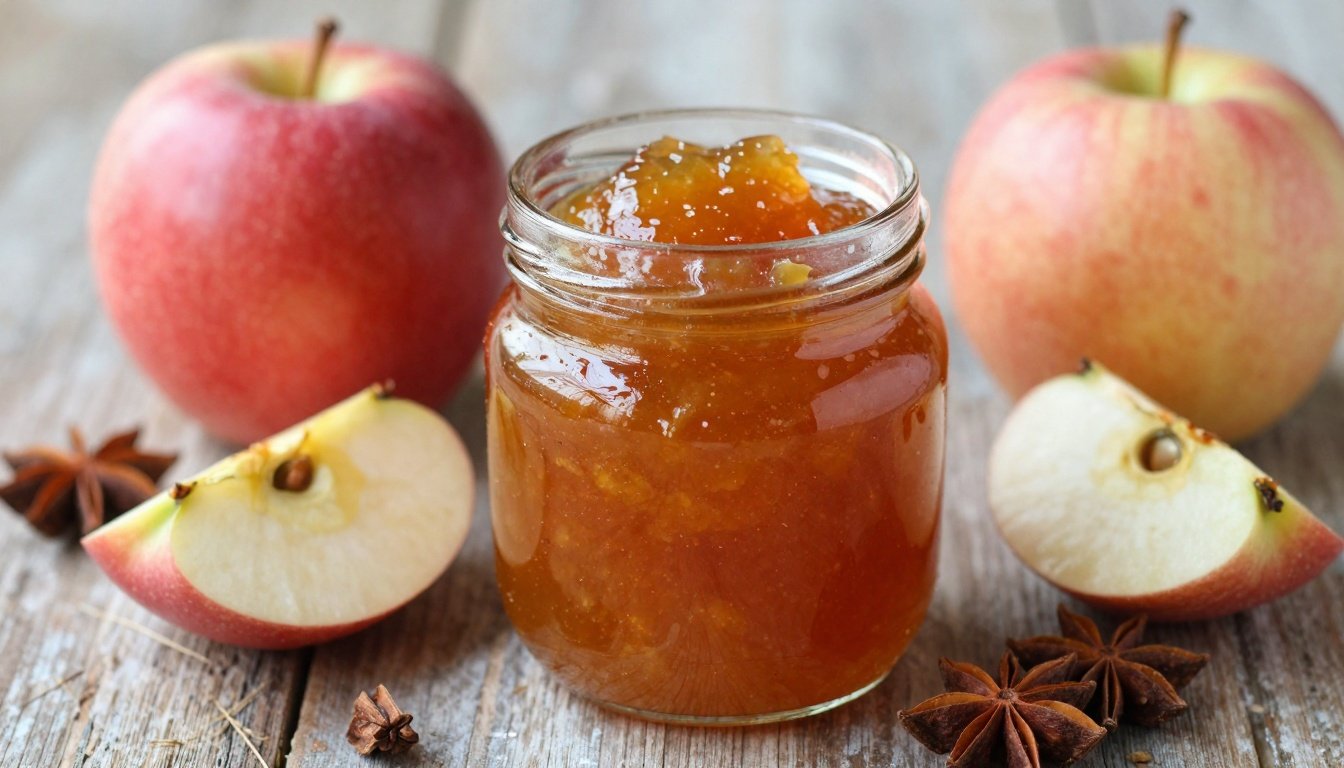 Σπιτική αρωματική μαρμελάδα μήλου σε γυάλινο βάζο με φρέσκα μήλα και μπαχαρικά γύρω της.