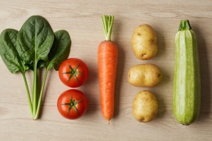 Διάφορα λαχανικά όπως σπανάκι, τομάτες, καρότα, πατάτες και κολοκύθι σε καλλιτεχνική διάταξη σε ξύλινη επιφάνεια.