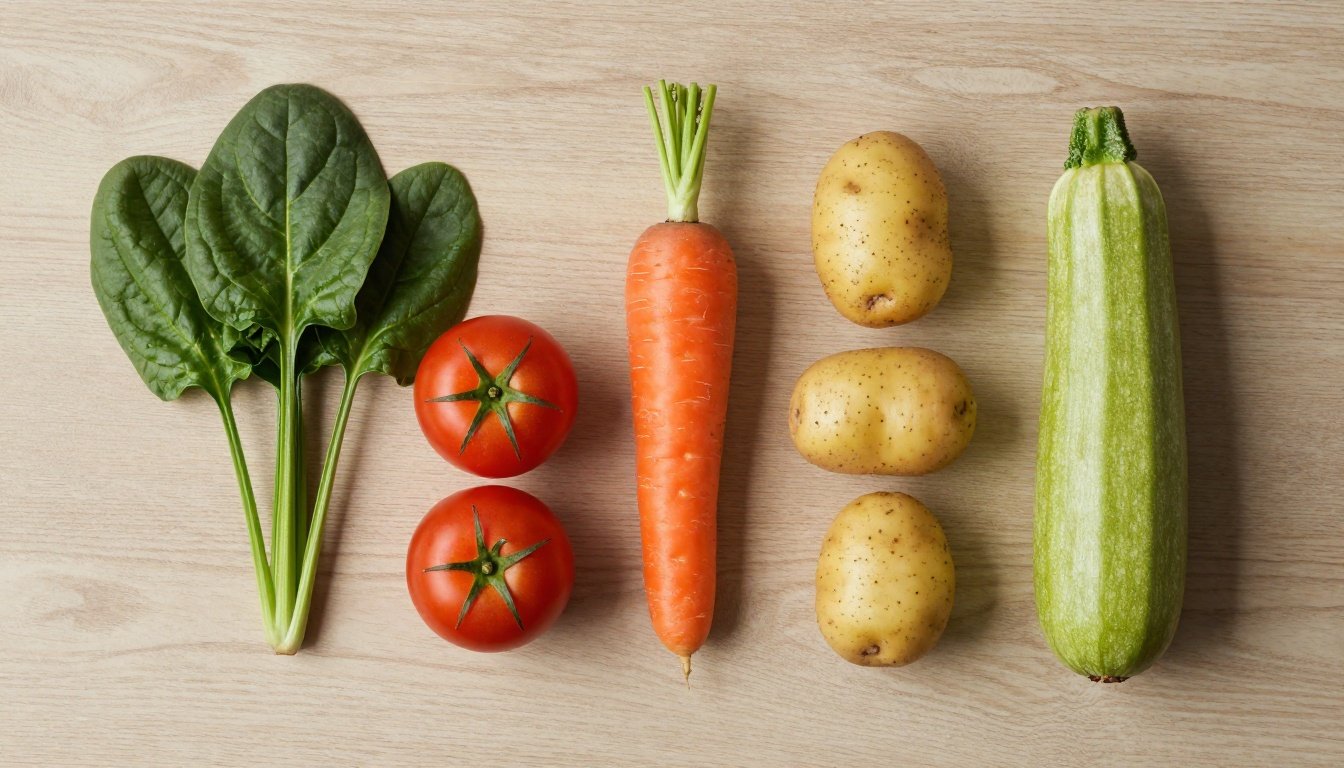 Διάφορα λαχανικά όπως σπανάκι, τομάτες, καρότα, πατάτες και κολοκύθι σε καλλιτεχνική διάταξη σε ξύλινη επιφάνεια.