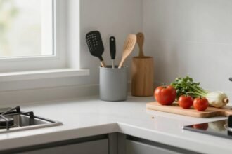 Καθαρή και οργανωμένη κουζίνα με κομψά εργαλεία και φρέσκα υλικά.