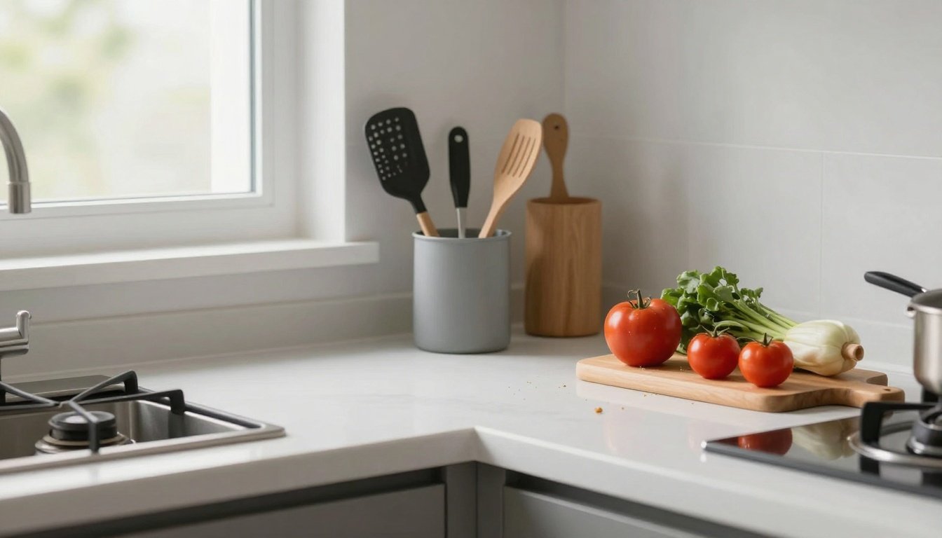 Καθαρή και οργανωμένη κουζίνα με κομψά εργαλεία και φρέσκα υλικά.
