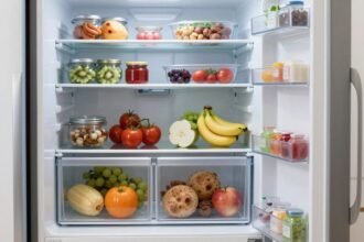 Καλά οργανωμένο ψυγείο με διάφορα τρόφιμα σε διαφανή δοχεία.