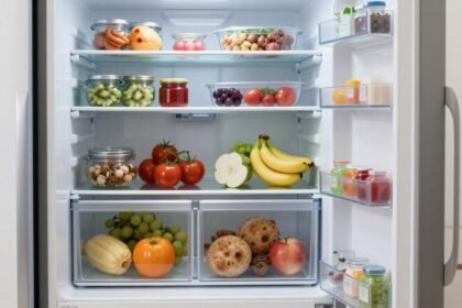 Καλά οργανωμένο ψυγείο με διάφορα τρόφιμα σε διαφανή δοχεία.