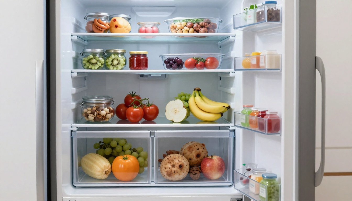 Καλά οργανωμένο ψυγείο με διάφορα τρόφιμα σε διαφανή δοχεία.
