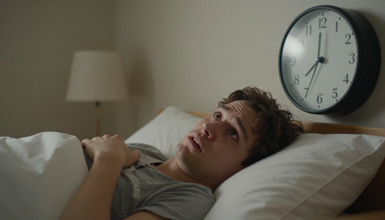 Άτομο στο κρεβάτι με ανήσυχο ύφος, κοιτάζοντας την οροφή