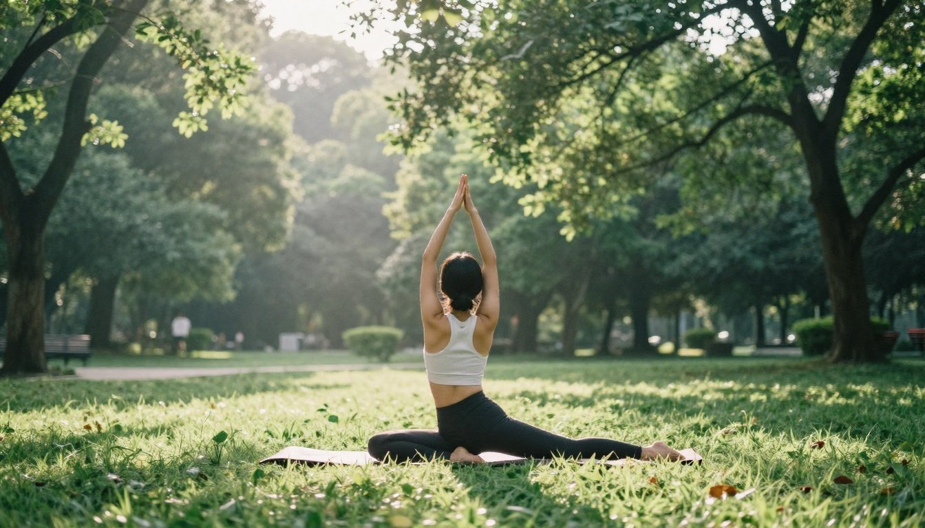 Τι κάνουν οι επιτυχημένοι πριν πιουν καφέ το πρωί 2 Ένα άτομο που κάνει γιόγκα σε ένα ήσυχο πάρκο το πρωί