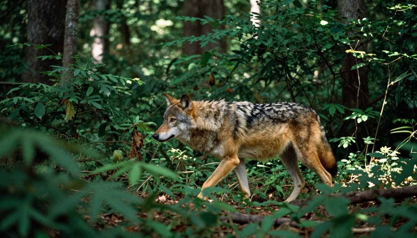 Λύκος να περπατά σε πυκνό δάσος