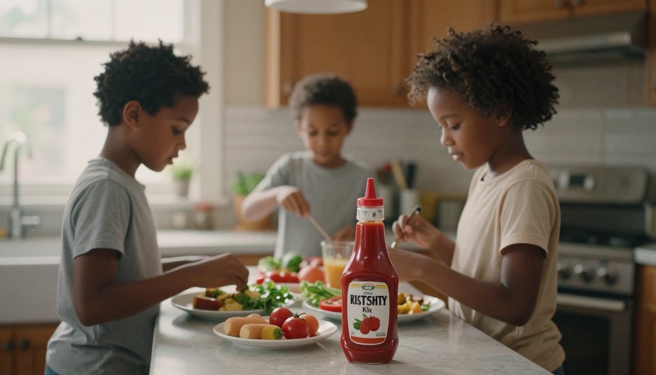 Μια οικογένεια ετοιμάζει γεύμα στην κουζίνα με μπουκάλι κέτσαπ