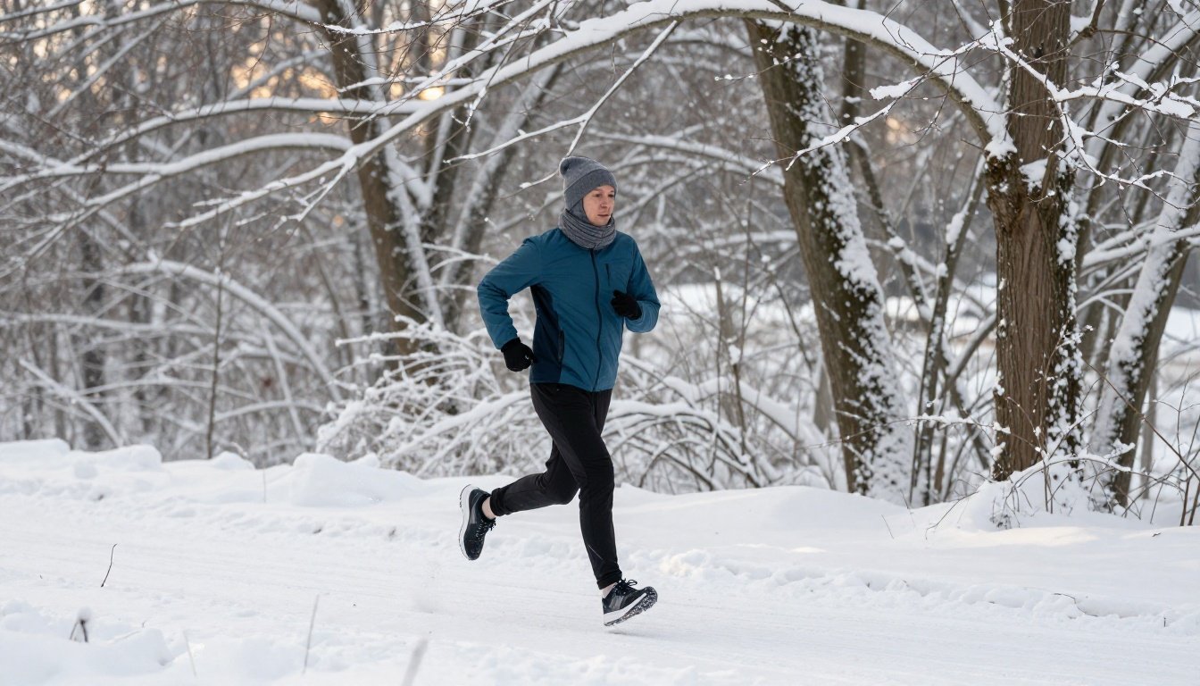 Άτομο που τρέχει στο χιόνι, ντυμένο κατάλληλα για γυμναστική σε κρύες καιρικές συνθήκες.