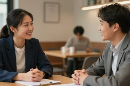 Δύο άτομα σε επαγγελματική συνάντηση με θετικές πρώτες εντυπώσεις.