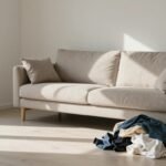 Ένα μοντέρνο σαλόνι με ηλιακό φως και μικρές ακαταστασίες, αναδεικνύει την ανισότητα στις δουλειές του σπιτιού.