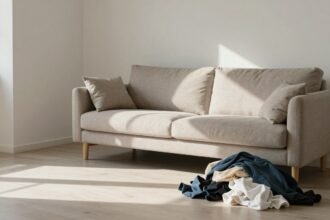 Ένα μοντέρνο σαλόνι με ηλιακό φως και μικρές ακαταστασίες, αναδεικνύει την ανισότητα στις δουλειές του σπιτιού.