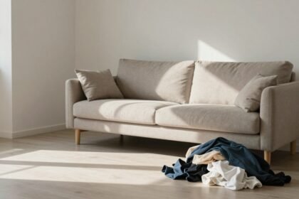 Ένα μοντέρνο σαλόνι με ηλιακό φως και μικρές ακαταστασίες, αναδεικνύει την ανισότητα στις δουλειές του σπιτιού.