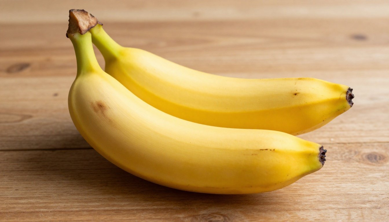 Μπανάνα τοποθετημένη σε ξύλινο τραπέζι φωτισμένη από φυσικό φως.