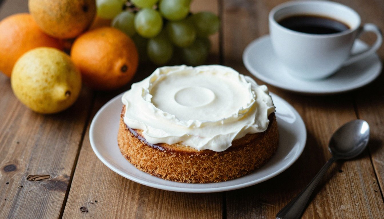 Η συνταγή για κέικ γιαουρτιού που δεν θέλει ζυγαριά 2 Ένα φρέσκο κέικ γιαουρτιού σε ξύλινη επιφάνεια