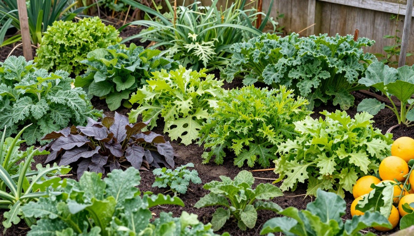 Πλούσιος κήπος με χειμερινά λαχανικά και φρούτα του Φεβρουαρίου.