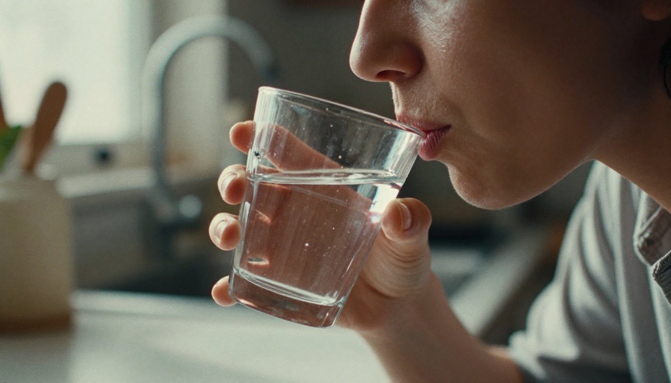Άτομο που πίνει νερό στην κουζίνα