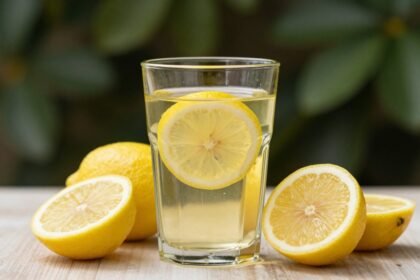 Ζεστό νερό με λεμόνι σε διάφανο ποτήρι με φέτες λεμονιού.