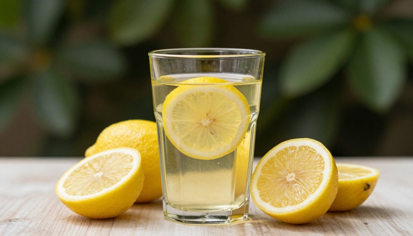 Ζεστό νερό με λεμόνι σε διάφανο ποτήρι με φέτες λεμονιού.