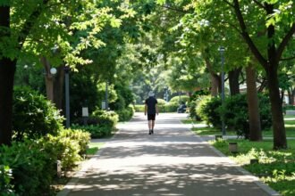 Πρόσωπο που περπατάει σε μονοπάτι πάρκου με πράσινο φόντο, συμβολίζοντας την υγιεινή ζωή.