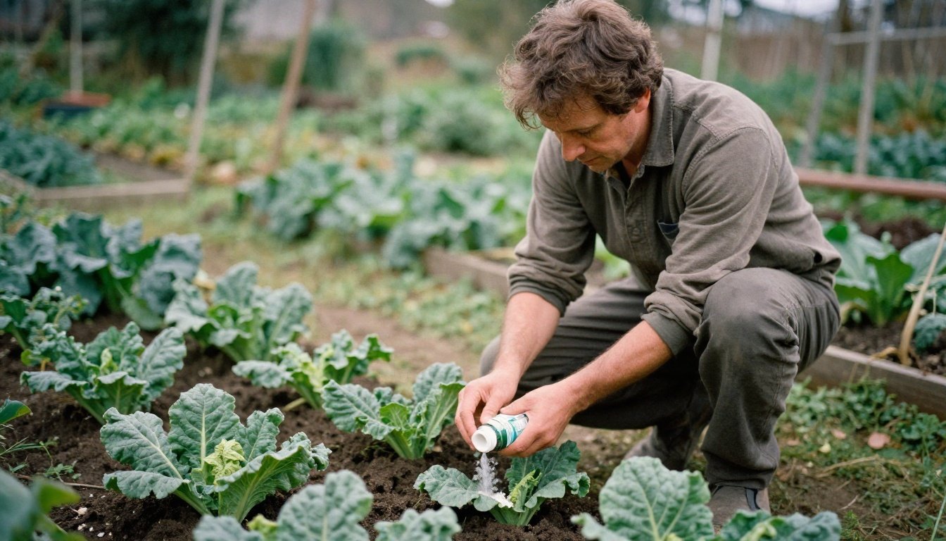 Κηπουρός που ρίχνει λίπασμα σε χειμερινά λαχανικά