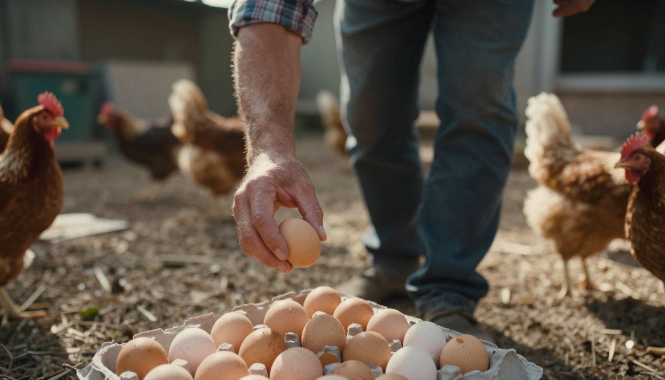 Φωτογραφία αγρότη που συλλέγει αυγά από κοτέτσι