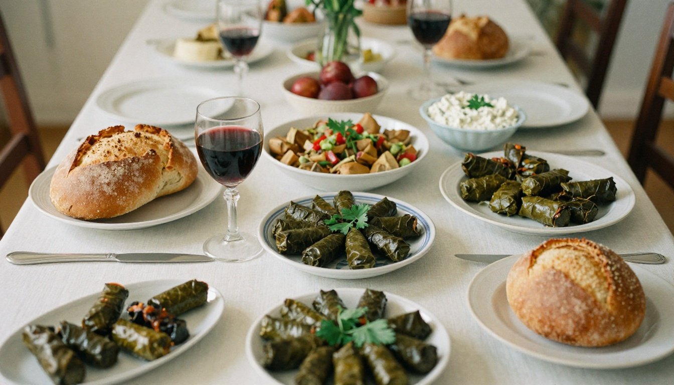 Ένα παραδοσιακό ελληνικό νηστίσιμο τραπέζι με λαγάνα, ταραμοσαλάτα και ντολμαδάκια.