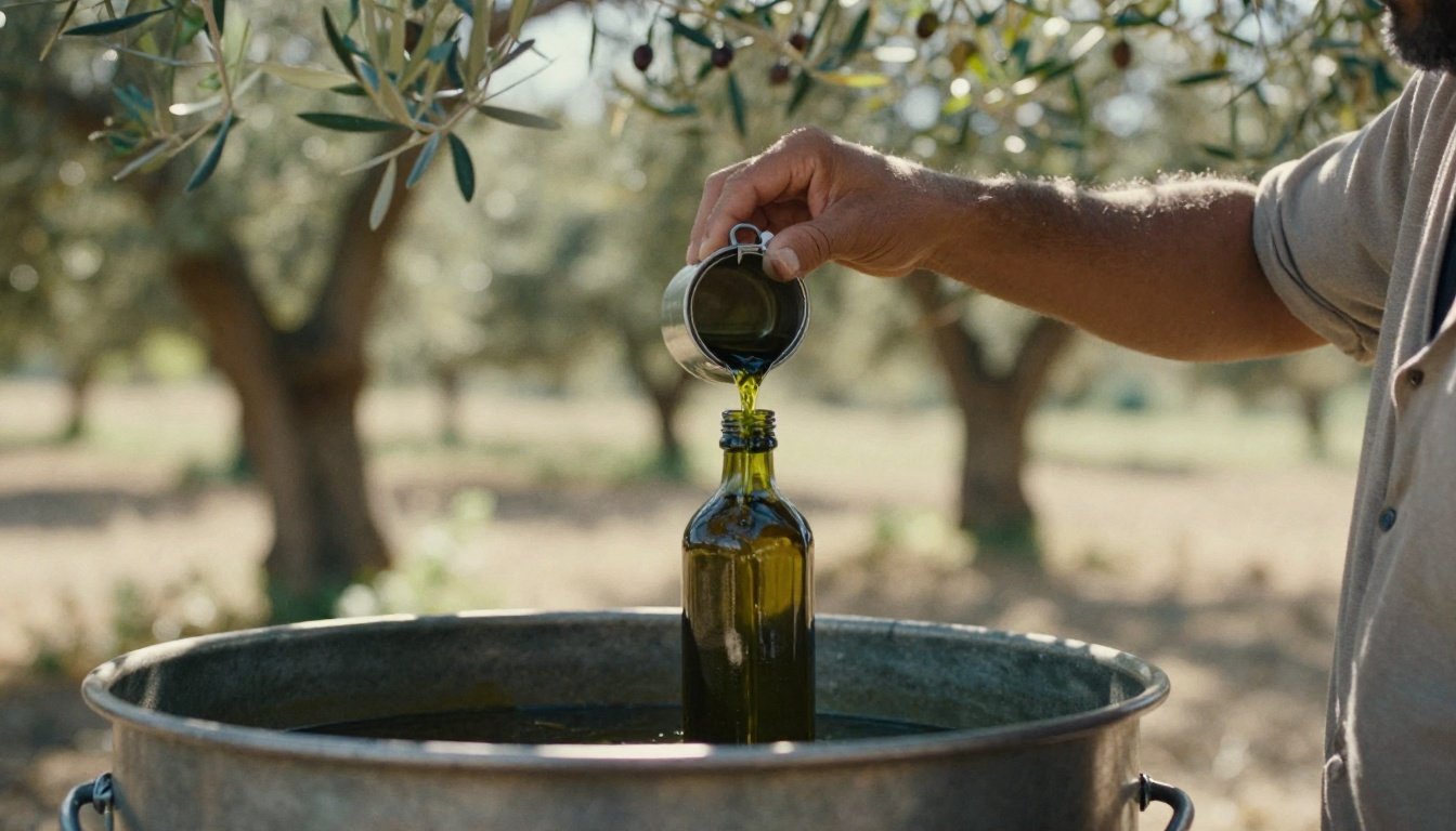 Πώς θα καταλάβετε αν το ελαιόλαδο που αγοράσατε είναι πραγματικά έξτρα παρθένο 2 Ένας ελαιοπαραγωγός ρίχνει ελαιόλαδο σε γυάλινη φιάλη