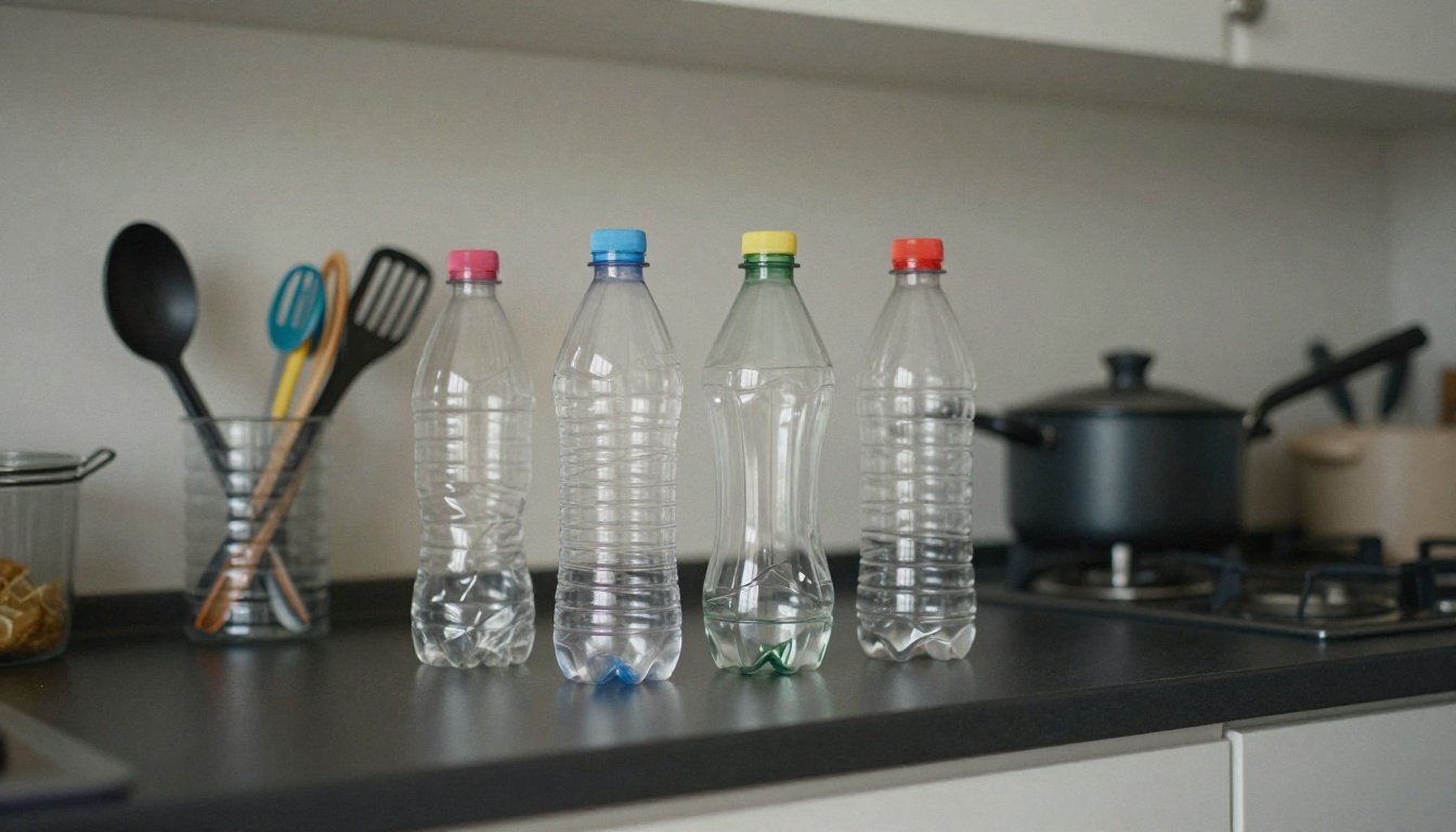 Οργανωμένη κουζίνα με επαναχρησιμοποιημένα πλαστικά μπουκάλια