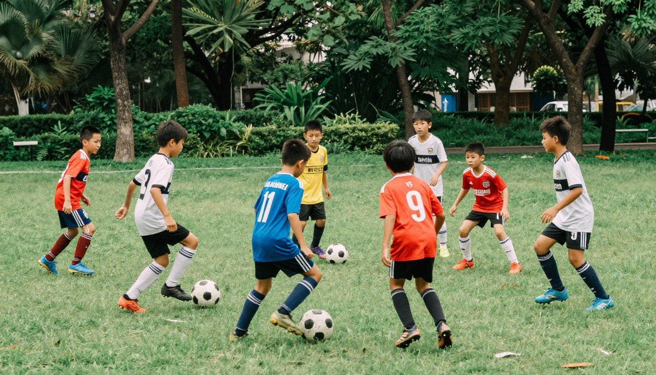 Ομάδα παιδιών που παίζουν ποδόσφαιρο σε πάρκο