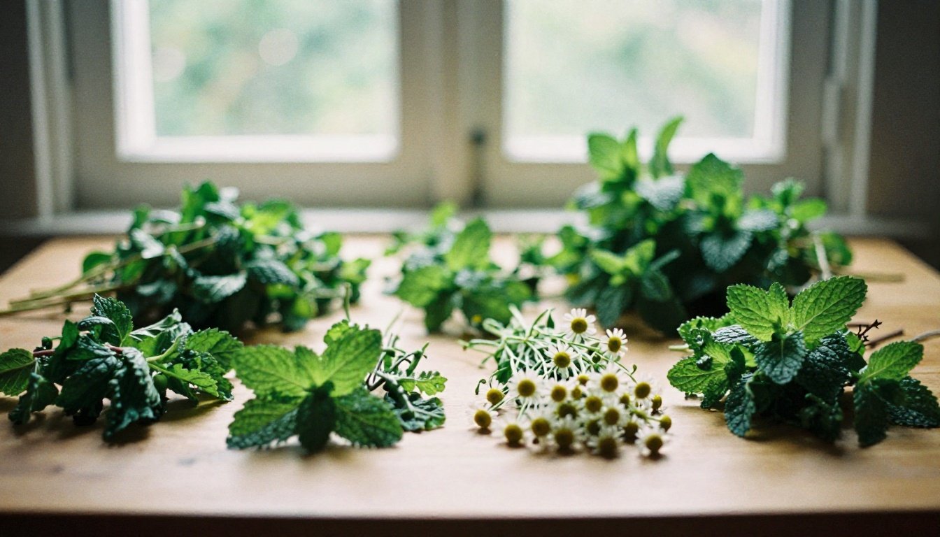 Ένα τραπέζι με διάφορα βότανα όπως χαμομήλι και μέντα
