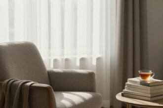 Μια ήρεμη σκηνή χαλάρωσης με αναφορές στο σύνδρομο του ελεύθερου χρόνου, σε φωτεινό δωμάτιο.