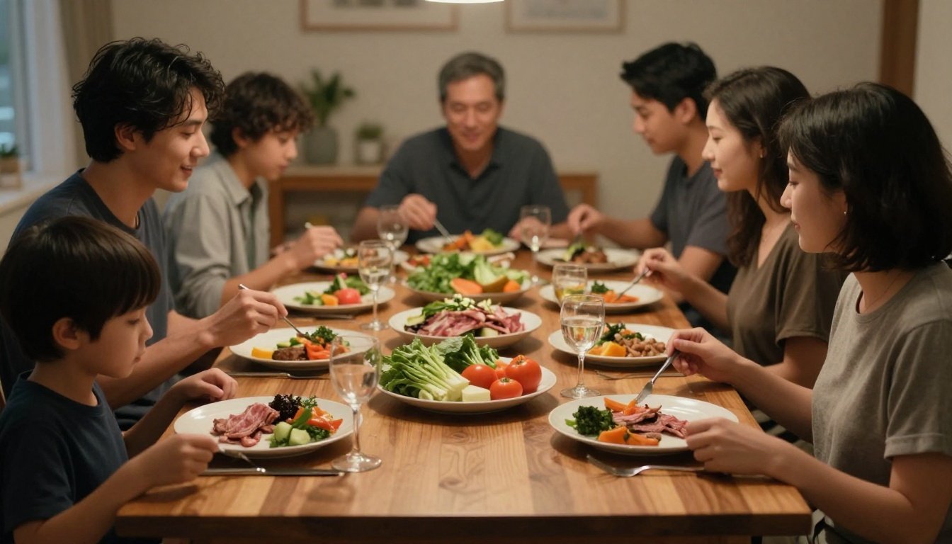 Μια οικογένεια απολαμβάνει το δείπνο τους