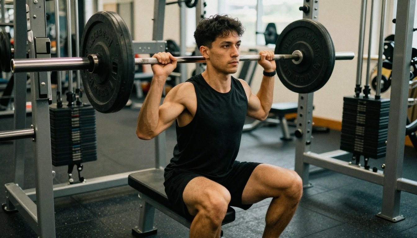 Ένας αθλητής εκτελεί καθίσματα με βάρος σε γυμναστήριο