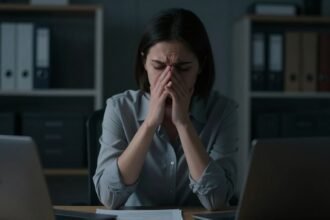 Εικόνα που απεικονίζει το σοβαρό θέμα της σεξουαλικής παρενόχλησης στον χώρο εργασίας, με έναν σκοτεινό και ατμοσφαιρικό σχεδιασμό.