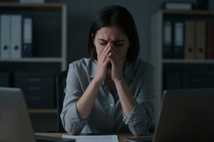 Εικόνα που απεικονίζει το σοβαρό θέμα της σεξουαλικής παρενόχλησης στον χώρο εργασίας, με έναν σκοτεινό και ατμοσφαιρικό σχεδιασμό.