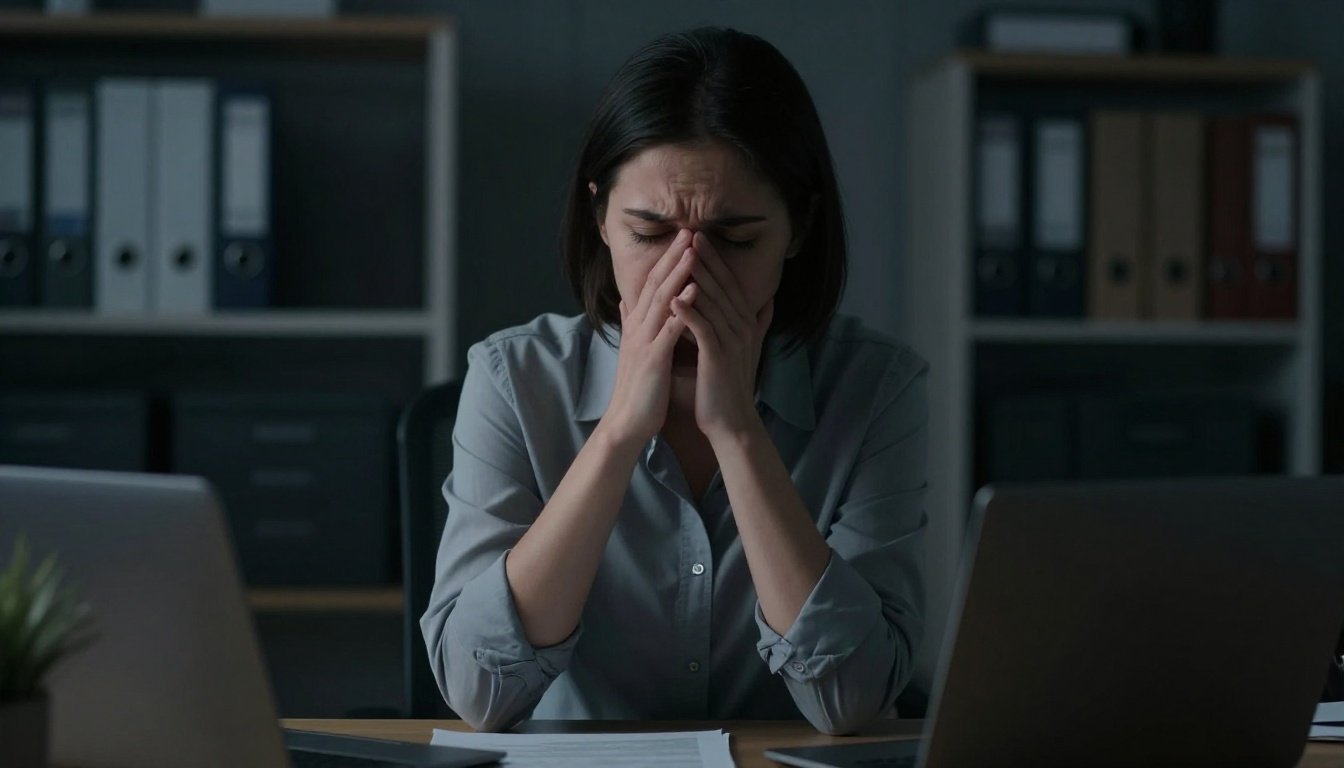 Εικόνα που απεικονίζει το σοβαρό θέμα της σεξουαλικής παρενόχλησης στον χώρο εργασίας, με έναν σκοτεινό και ατμοσφαιρικό σχεδιασμό.