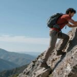 Αποφασισμένο άτομο σκαρφαλώνει σε ένα απότομο βουνό συμβολίζοντας την επιμονή και την προσωπική ανάπτυξη.