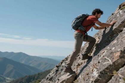 Αποφασισμένο άτομο σκαρφαλώνει σε ένα απότομο βουνό συμβολίζοντας την επιμονή και την προσωπική ανάπτυξη.