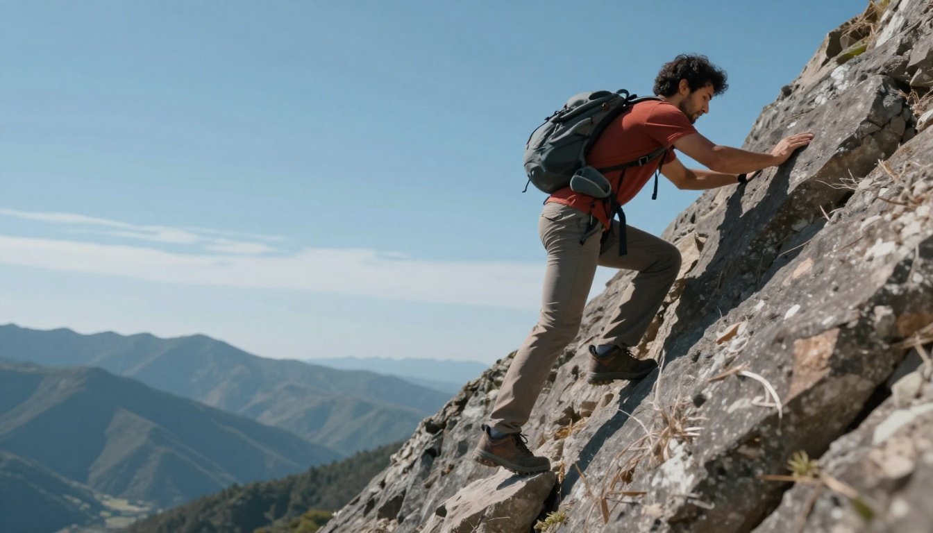 Αποφασισμένο άτομο σκαρφαλώνει σε ένα απότομο βουνό συμβολίζοντας την επιμονή και την προσωπική ανάπτυξη.