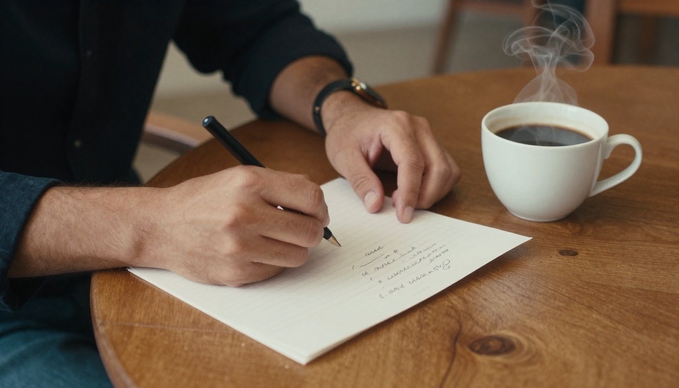 Άτομο γράφει χειρόγραφο γράμμα σε ξύλινο τραπέζι