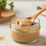 Γυάλινο βάζο με ταχίνι και ξύλινη κουτάλα, περιτριγυρισμένο από σπόρους σουσαμιού και φρέσκα λαχανικά.