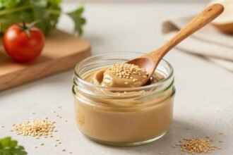 Γυάλινο βάζο με ταχίνι και ξύλινη κουτάλα, περιτριγυρισμένο από σπόρους σουσαμιού και φρέσκα λαχανικά.