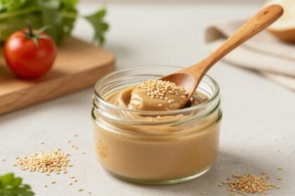 Γυάλινο βάζο με ταχίνι και ξύλινη κουτάλα, περιτριγυρισμένο από σπόρους σουσαμιού και φρέσκα λαχανικά.