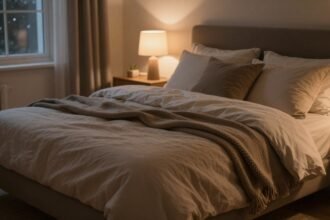 Ζεστό και άνετο κρεβάτι με κουβέρτες και μαξιλάρια.